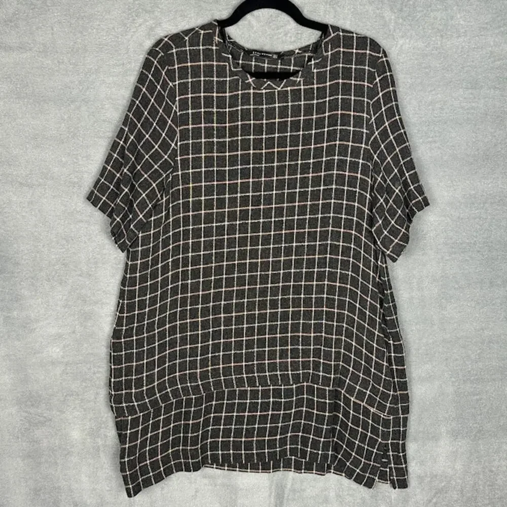 Zara Top Womens Small Gray Windowpane Wool Tunic Short Sleeve Lagenlook Oversize